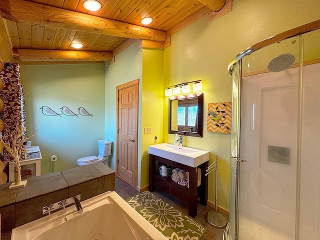 3165 Randa Rd, Orr, MN 55771 - full bathroom with wooden ceiling, a stall shower, beam ceiling, a tub with jets, and recessed lighting