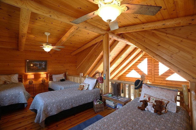3165 Randa Rd, Orr, MN 55771 - bedroom featuring wood ceiling, beam ceiling, wood-type flooring, wooden walls, and log walls