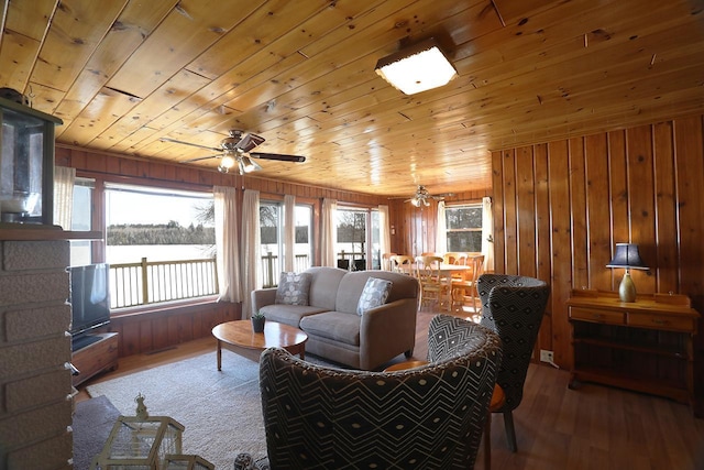 3165 Randa Rd, Orr, MN 55771 - living room with a ceiling fan, wooden ceiling, wood finished floors, and wood walls