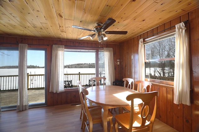 3165 Randa Rd, Orr, MN 55771 - dining room featuring wooden ceiling, wooden walls, a ceiling fan, wood finished floors, and a water view