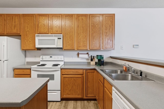 kitchen featuring white appliances, a sink, light wood-style flooring, light countertops, and brown cabinetry