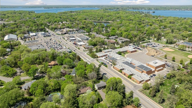 bird's eye view of a large body of water and a heavily wooded area