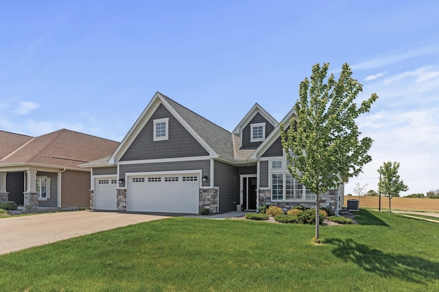 7465 Jack Pine Ln, Corcoran, MN 55340 - craftsman inspired home featuring stone siding, a front lawn, central AC, driveway, and a garage