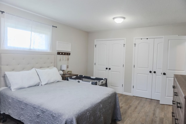 bedroom featuring two closets and wood finished floors