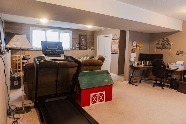 home theater featuring wood walls, carpet flooring, and baseboards