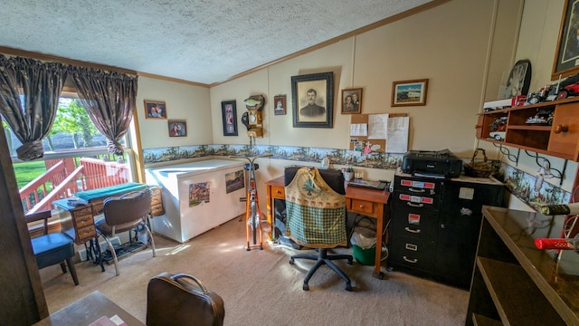 carpeted office with vaulted ceiling, a textured ceiling, and ornamental molding