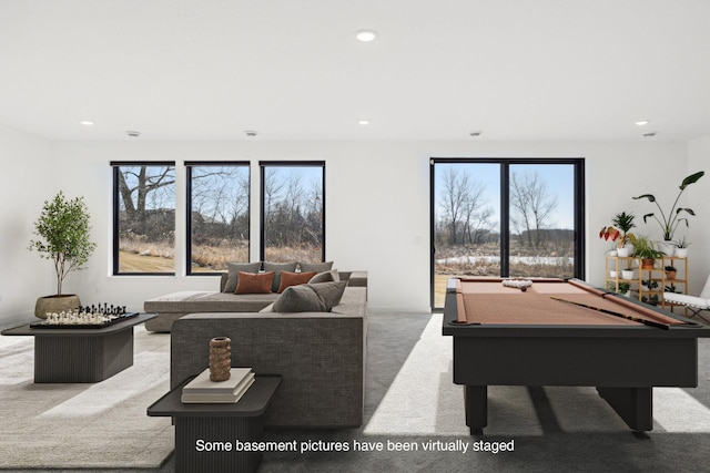 12745 Stutz Ct NE, Blaine, MN 55449 - recreation room with billiards, carpet, recessed lighting, and healthy amount of natural light