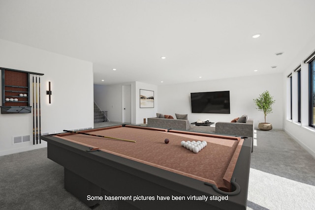 12745 Stutz Ct NE, Blaine, MN 55449 - game room featuring carpet flooring, recessed lighting, billiards, and baseboards