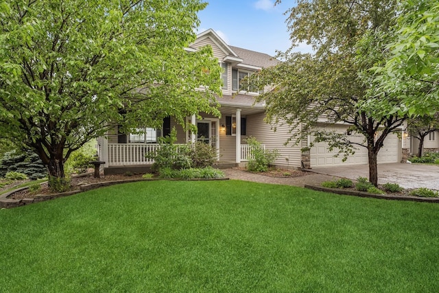 3314 Olson Dr, Hastings, MN 55033 - view of property hidden behind natural elements featuring concrete driveway, covered porch, a front lawn, and an attached garage
