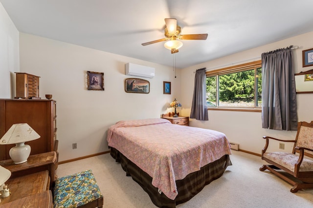 304 2nd St, Alma, WI 54610 - bedroom featuring light carpet, baseboards, a wall unit AC, baseboard heating, and ceiling fan