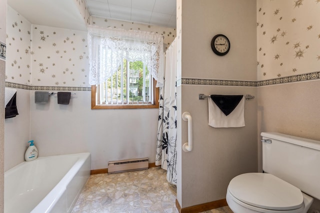 304 2nd St, Alma, WI 54610 - bathroom featuring a baseboard heating unit, toilet, wallpapered walls, a bathtub, and baseboards
