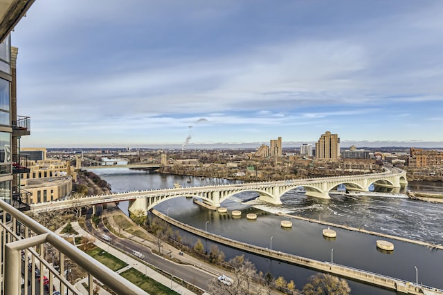 water view with a notable bridge and nearby urban area