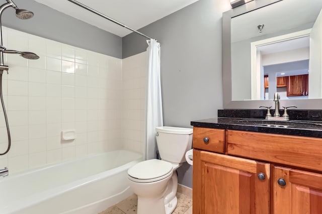 bathroom with toilet, shower / tub combo with curtain, vanity, baseboards, and tile patterned floors