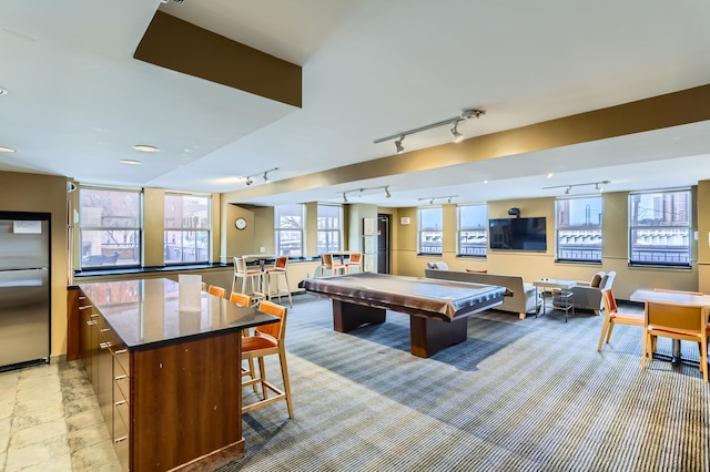 rec room with track lighting and billiards table