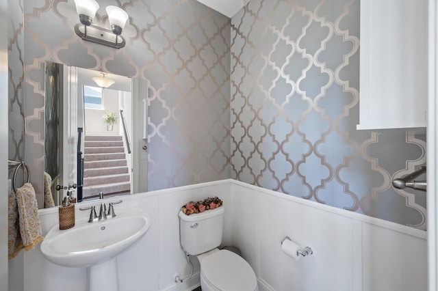 4118 San Vitero Ct, Victoria, MN 55318 - bathroom with wallpapered walls, a wainscoted wall, toilet, a sink, and a decorative wall