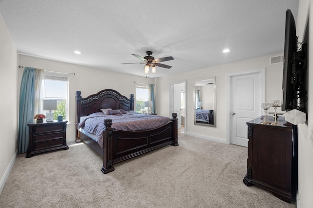4118 San Vitero Ct, Victoria, MN 55318 - bedroom with light carpet, baseboards, recessed lighting, ceiling fan, and a textured ceiling