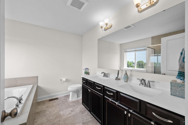 4118 San Vitero Ct, Victoria, MN 55318 - full bath featuring baseboards, double vanity, a garden tub, toilet, and an enclosed shower