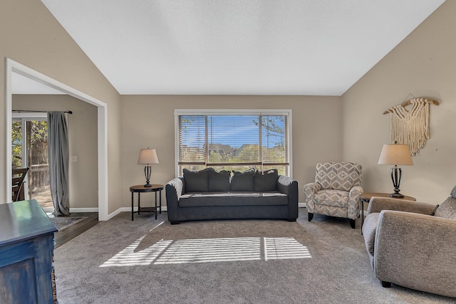 7320 Deer Pass Dr, Centerville, MN 55038 - carpeted living room featuring vaulted ceiling and baseboards