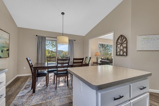 7320 Deer Pass Dr, Centerville, MN 55038 - dining area with dark wood-style flooring, healthy amount of natural light, baseboards, and high vaulted ceiling