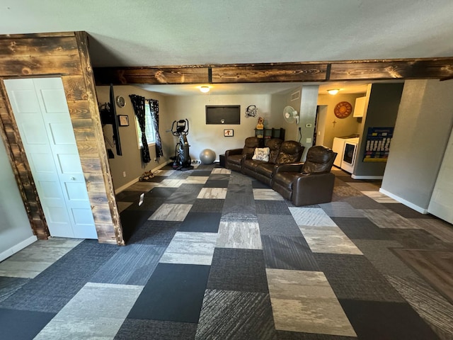 791 W Rd, Wright, MN 55798 - living area featuring baseboards, carpet flooring, and beam ceiling