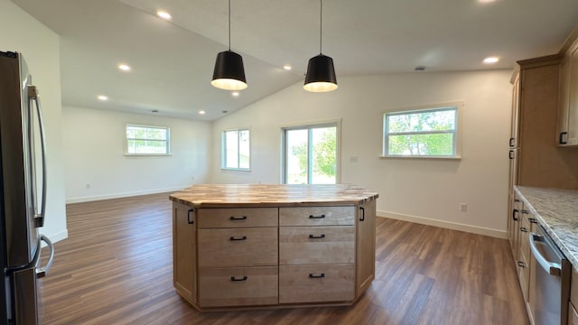 703 2nd St, Henning, MN 56551 - kitchen featuring appliances with stainless steel finishes, butcher block countertops, baseboards, dark wood-style flooring, and vaulted ceiling