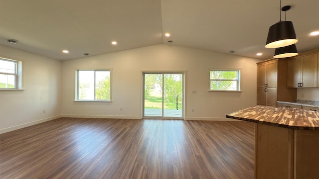 703 2nd St, Henning, MN 56551 - unfurnished living room with healthy amount of natural light, dark wood-style floors, lofted ceiling, baseboards, and recessed lighting