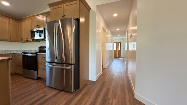 703 2nd St, Henning, MN 56551 - kitchen featuring stainless steel appliances, dark wood-style floors, baseboards, and recessed lighting
