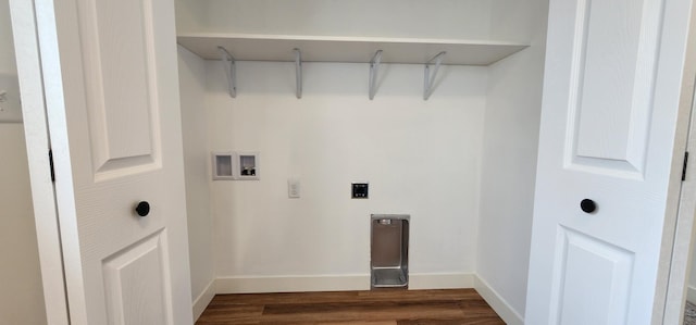 703 2nd St, Henning, MN 56551 - laundry area with hookup for an electric dryer, hookup for a washing machine, dark wood-style floors, and baseboards