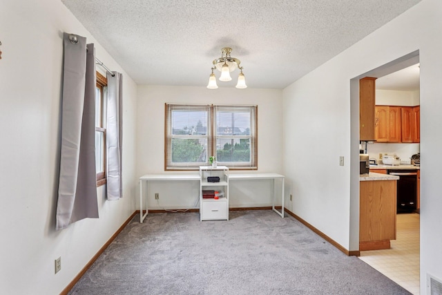 6012 Beard Ave N, Brooklyn Center, MN 55429 - dining space with a chandelier, light colored carpet, a textured ceiling, and baseboards