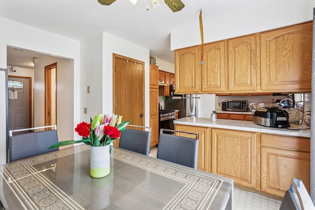 6012 Beard Ave N, Brooklyn Center, MN 55429 - kitchen with appliances with stainless steel finishes, light countertops, a peninsula, and a ceiling fan