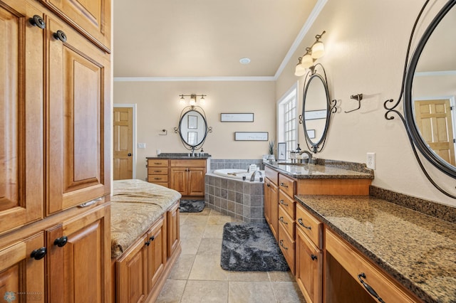 3914 21st Ave S, Moorhead, MN 56560 - bathroom featuring tile patterned floors, crown molding, a bath, and two vanities