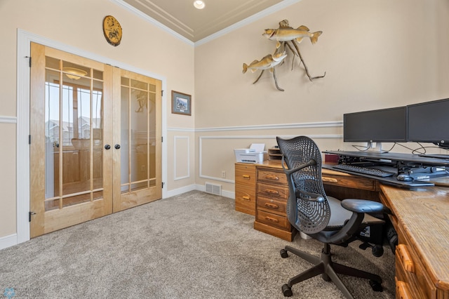 3914 21st Ave S, Moorhead, MN 56560 - carpeted home office with french doors, ornamental molding, wainscoting, and a decorative wall