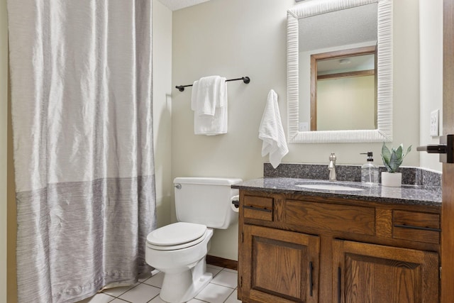 full bath with toilet, tile patterned flooring, vanity, and a shower with curtain