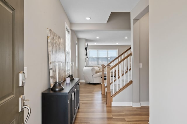 19000 72nd Pl N, Maple Grove, MN 55311 - entryway featuring light wood-style floors, stairs, baseboards, and recessed lighting