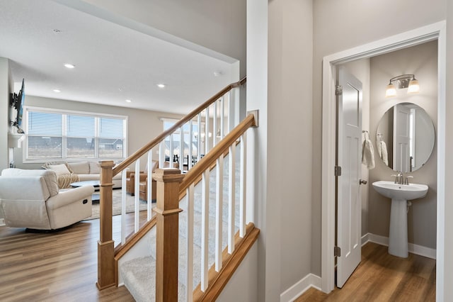 19000 72nd Pl N, Maple Grove, MN 55311 - stairway featuring wood finished floors, baseboards, and recessed lighting