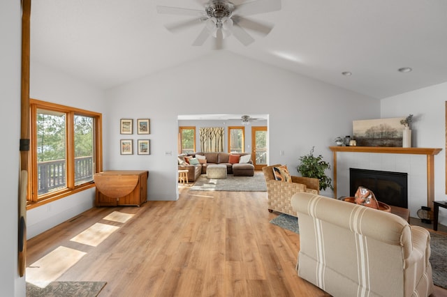 29825 Minerva Cir, Swiss Twp, WI 54830 - living area with ceiling fan, a fireplace, vaulted ceiling, light wood finished floors, and baseboards