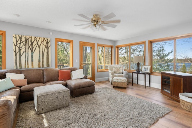 29825 Minerva Cir, Swiss Twp, WI 54830 - living area featuring a ceiling fan, wood finished floors, and baseboards