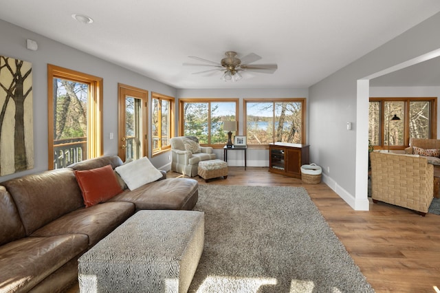 29825 Minerva Cir, Swiss Twp, WI 54830 - living room featuring ceiling fan, wood finished floors, plenty of natural light, and baseboards