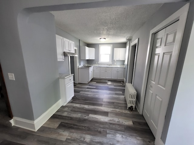 kitchen with radiator, white cabinets, dark wood-style floors, a textured ceiling, and light countertops