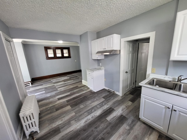 kitchen with a sink, light countertops, dark wood-style flooring, white cabinets, and baseboards