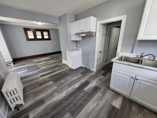 kitchen featuring a sink, light countertops, dark wood-type flooring, white cabinets, and under cabinet range hood