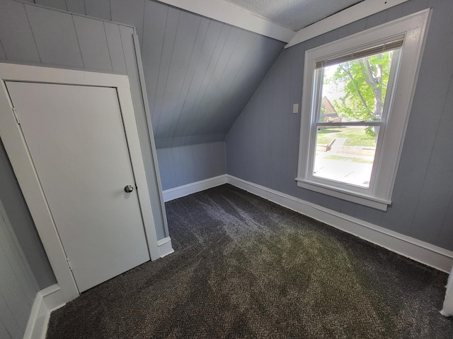 additional living space featuring dark carpet, lofted ceiling, and baseboards