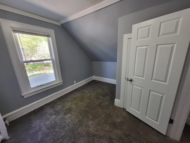 additional living space with vaulted ceiling, dark colored carpet, baseboards, and a textured ceiling