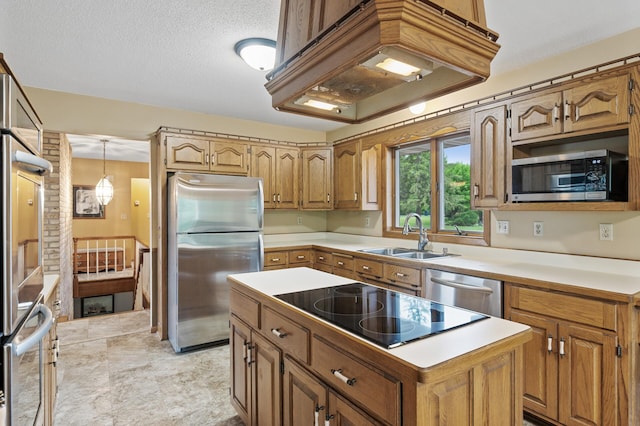 32355 Nottingham Ct, Chisago Lake Twp, MN 55045 - kitchen with appliances with stainless steel finishes, a sink, a kitchen island, light countertops, and custom range hood