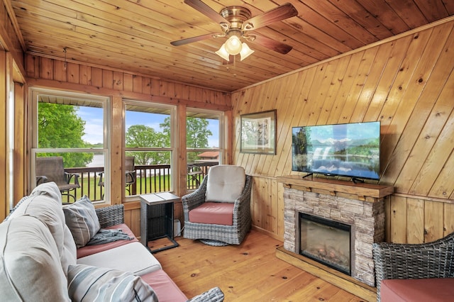 32355 Nottingham Ct, Chisago Lake Twp, MN 55045 - living area with plenty of natural light, wooden walls, a ceiling fan, wooden ceiling, and light wood-type flooring