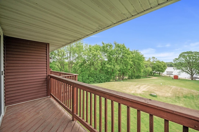 32355 Nottingham Ct, Chisago Lake Twp, MN 55045 - wooden terrace featuring a yard and view of scattered trees