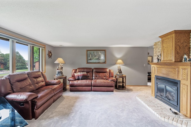 32355 Nottingham Ct, Chisago Lake Twp, MN 55045 - living room featuring light carpet, a textured ceiling, a fireplace, and baseboards