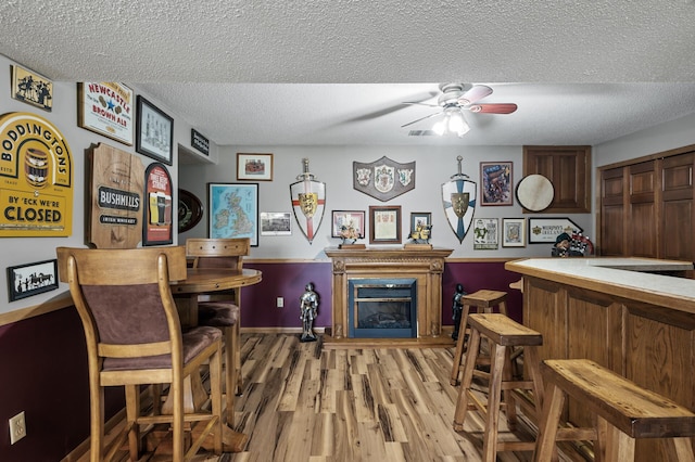32355 Nottingham Ct, Chisago Lake Twp, MN 55045 - bar area featuring a ceiling fan, a textured ceiling, light wood-style flooring, a glass covered fireplace, and baseboards