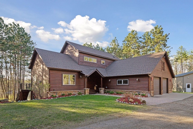 12640 Fawn Lake Rd, Crosslake, MN 56442 - view of front facade featuring roof with shingles, a front lawn, and stone siding