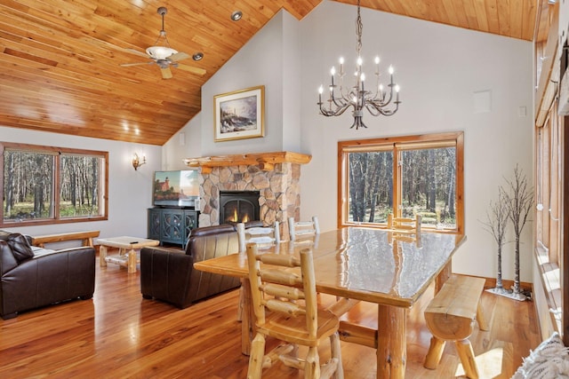 12640 Fawn Lake Rd, Crosslake, MN 56442 - dining space featuring wooden ceiling, high vaulted ceiling, wood finished floors, a chandelier, and ceiling fan